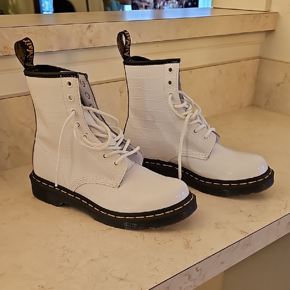 Dr. Martens White Glossy Croc Print Boots